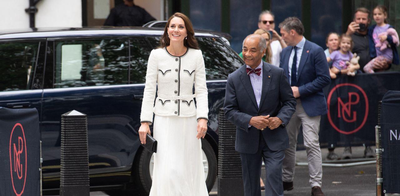 Kate Middleton looks stunning in a floor-length floral gown as she joins  Samantha Cameron, Alexa Chung and stars at the National Portrait Gallery