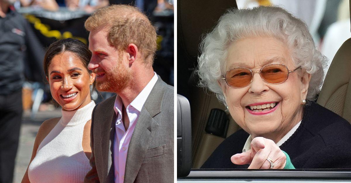 prince harry meghan markle and queen elizabeth ii laughing