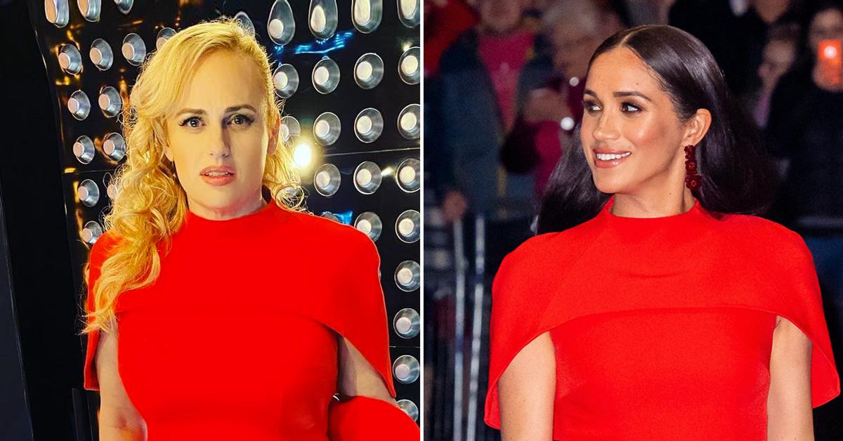 rebel wilson rocks same red gown meghan markle wore tro