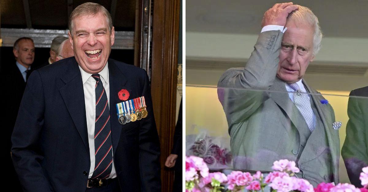 prince andrew laughing and king charles looking distraught