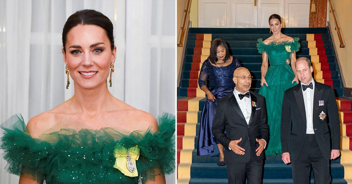 Kate Middleton in Glittering Green Gown & Queen's Jewels for Jamaica  Reception