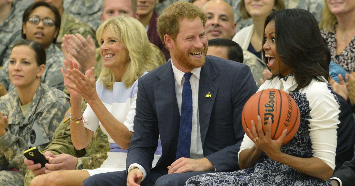 jill biden prince harry and michelle obama laughing