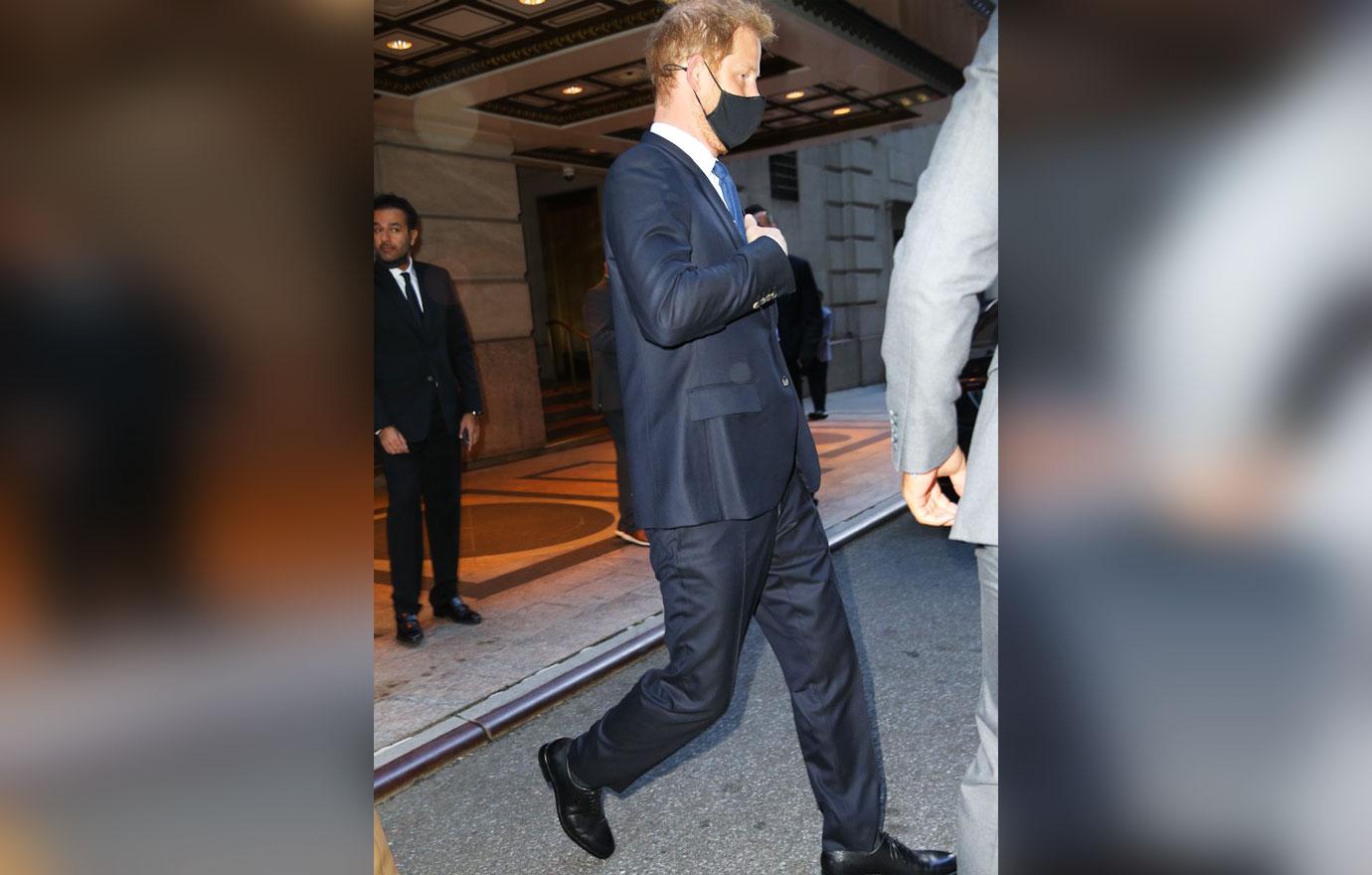 prince harry seen in and out the intercontinental hotel new york city