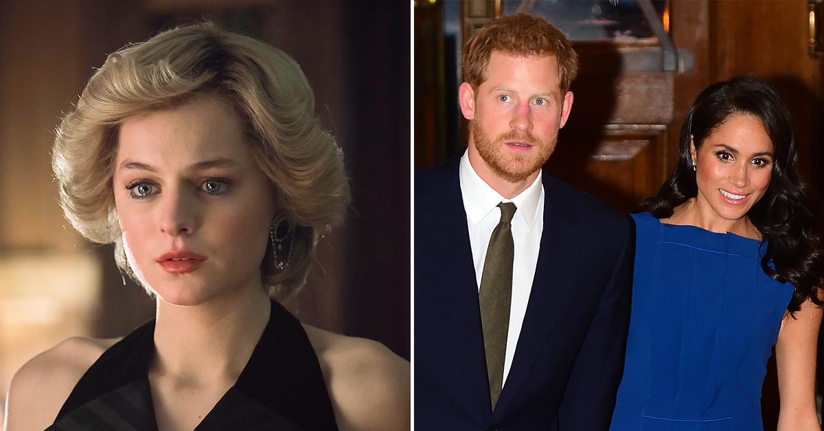 emma corrin reveals stressful to think about meghan markle prince harry watching the crown