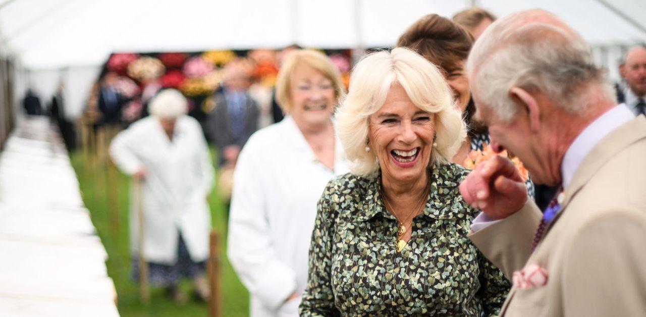 queen camilla laughs king charles inspired pie